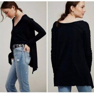 Free People Pacific Thermal Waffle Long Sleeve V Neck Black L NWT